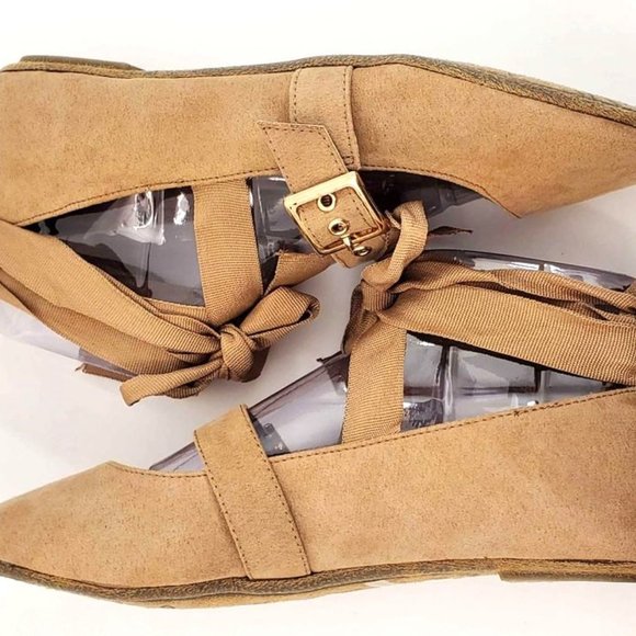 NEW Bamboo Women's Flats Chantel Tan Suede with Ankle Tie Foot Buckle - Picture 1 of 15